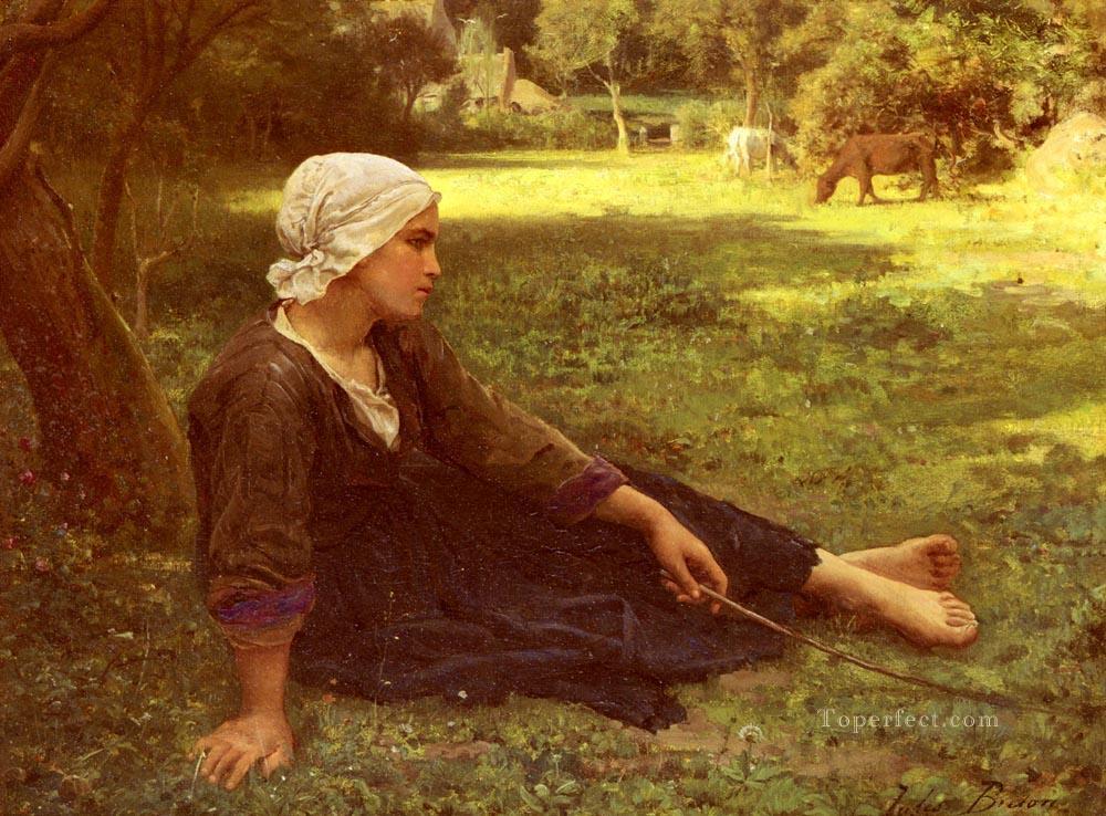 Juene Fille Gardant Des Vaches countryside Realist Jules Breton Oil Paintings